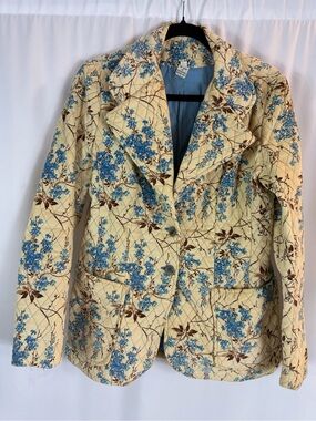 Quilted Floral Blazer Jacket - Cream, brown with Blue Floral Size: S